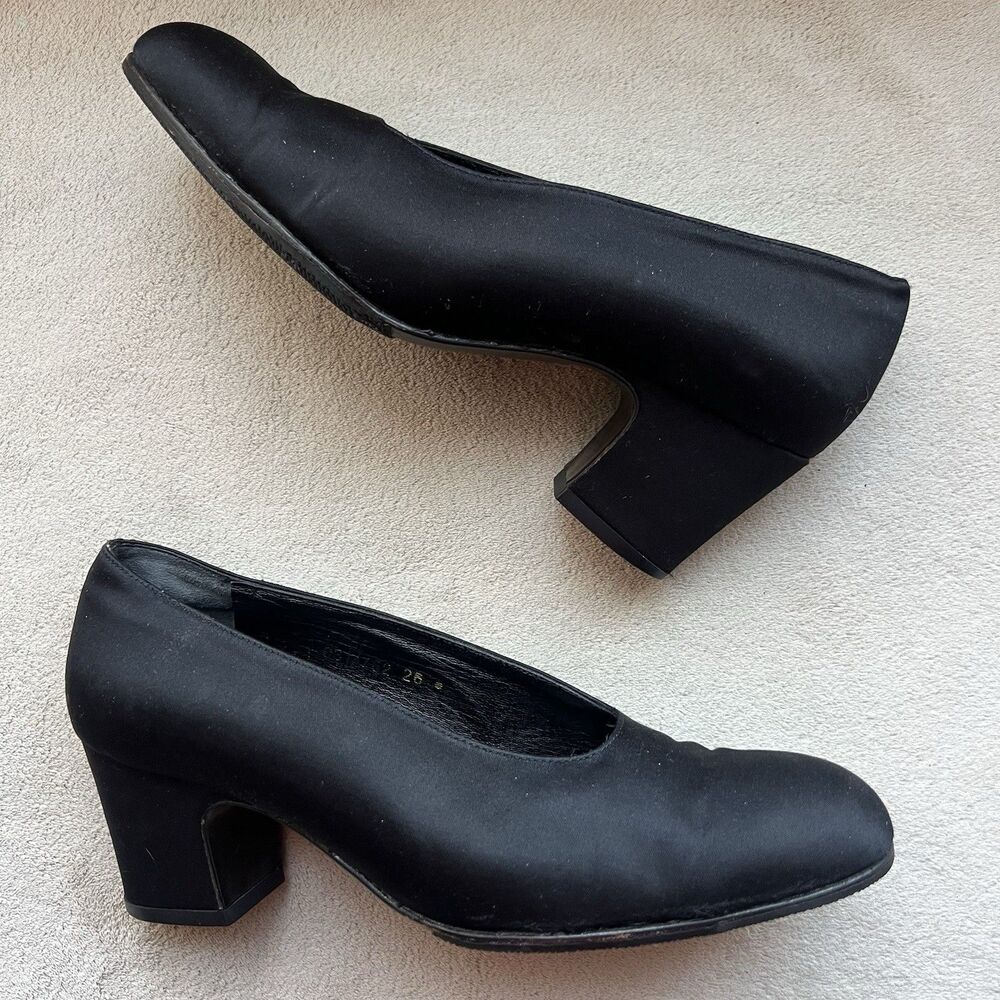 Robert Clergerie Paris Black Satin Block Heel Pumps Women 6 Round Tie Career